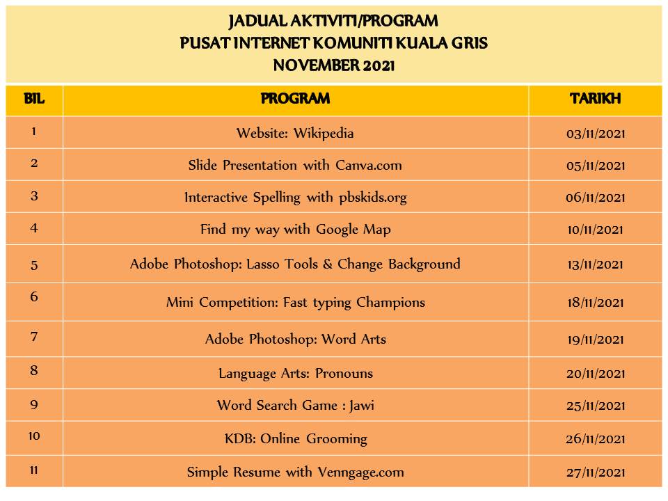 JADUAL AKTIVITI NOVEMBER 2021 PIK KUALA GRIS