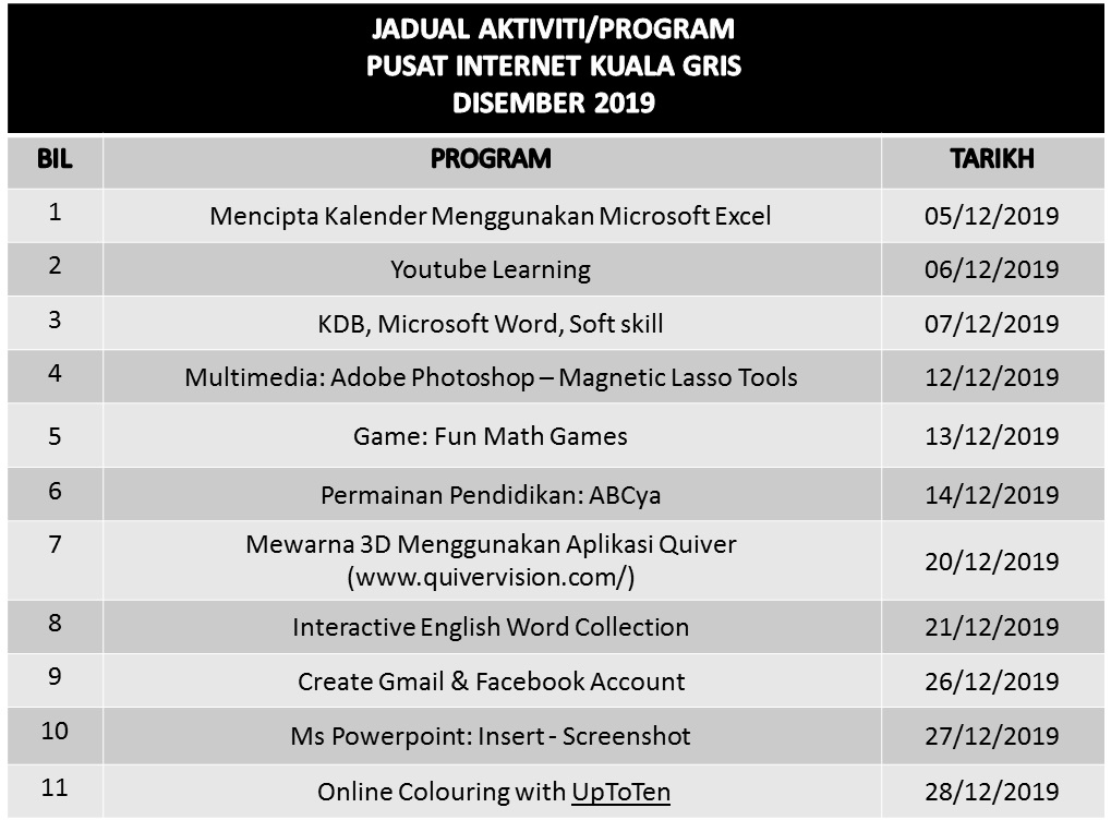 Jadual Aktiviti Disember 2019