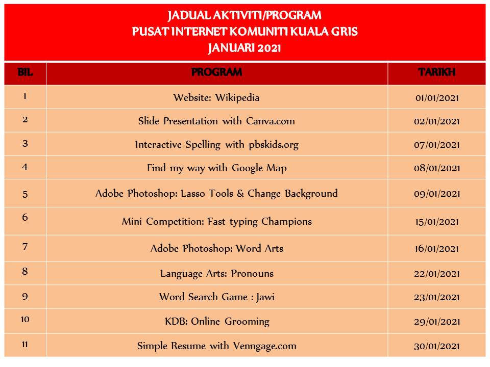 Jadual Aktiviti Januari 2021