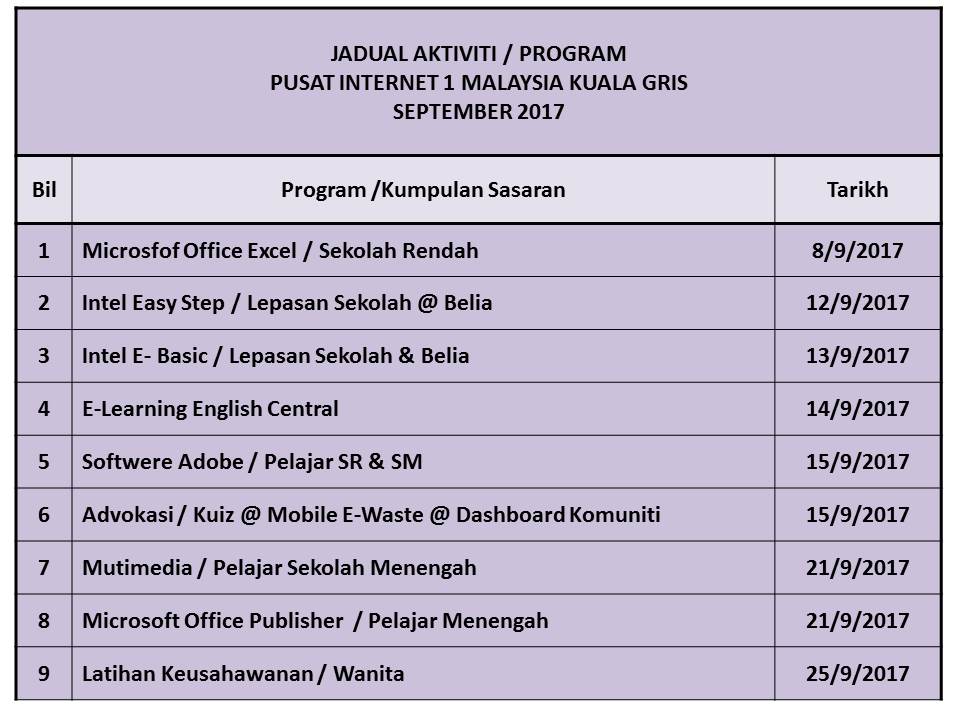 Jadual Aktiviti Program September 2017