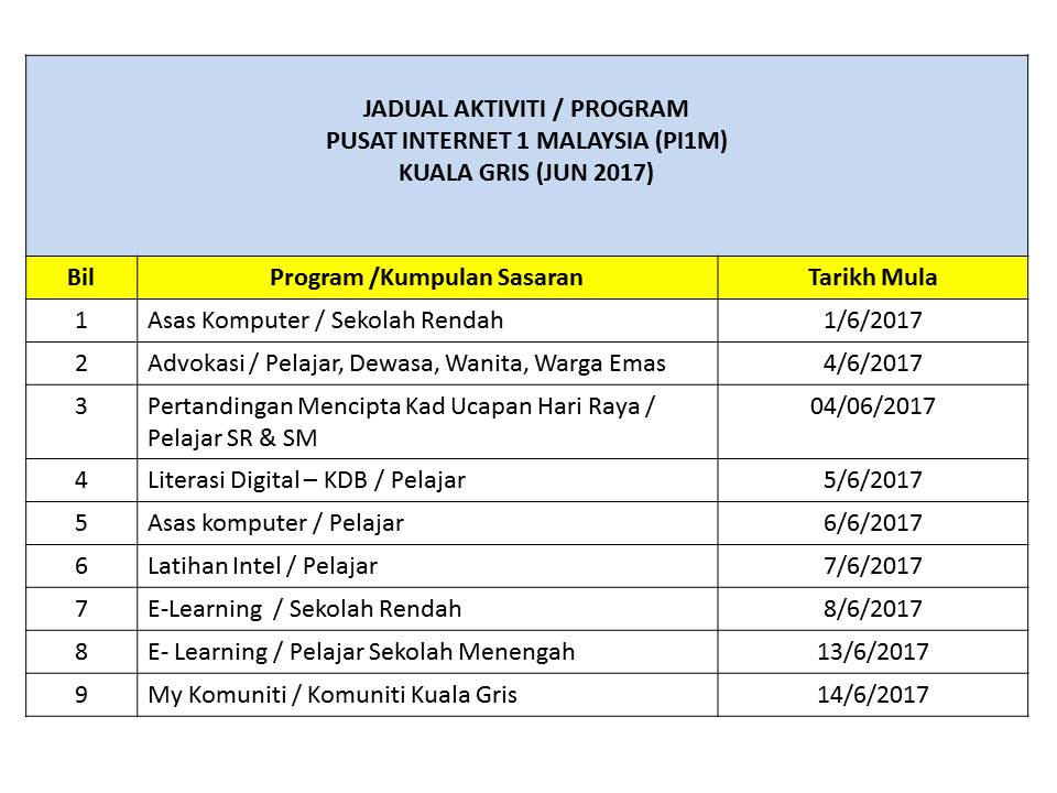 Jadual aktiviti bulan jun 2017