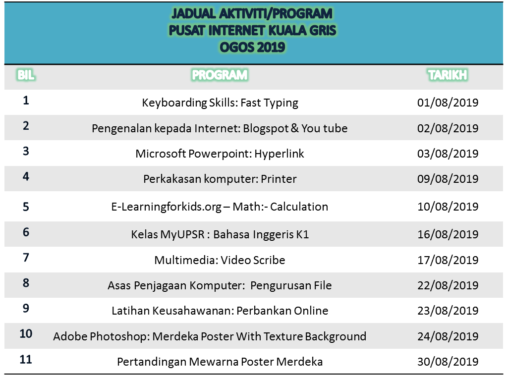 Jadual aktiviti ogos 2019