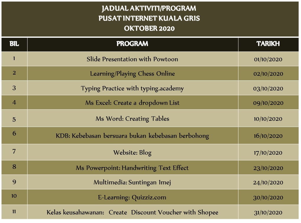 Jadual aktiviti oktober 2020