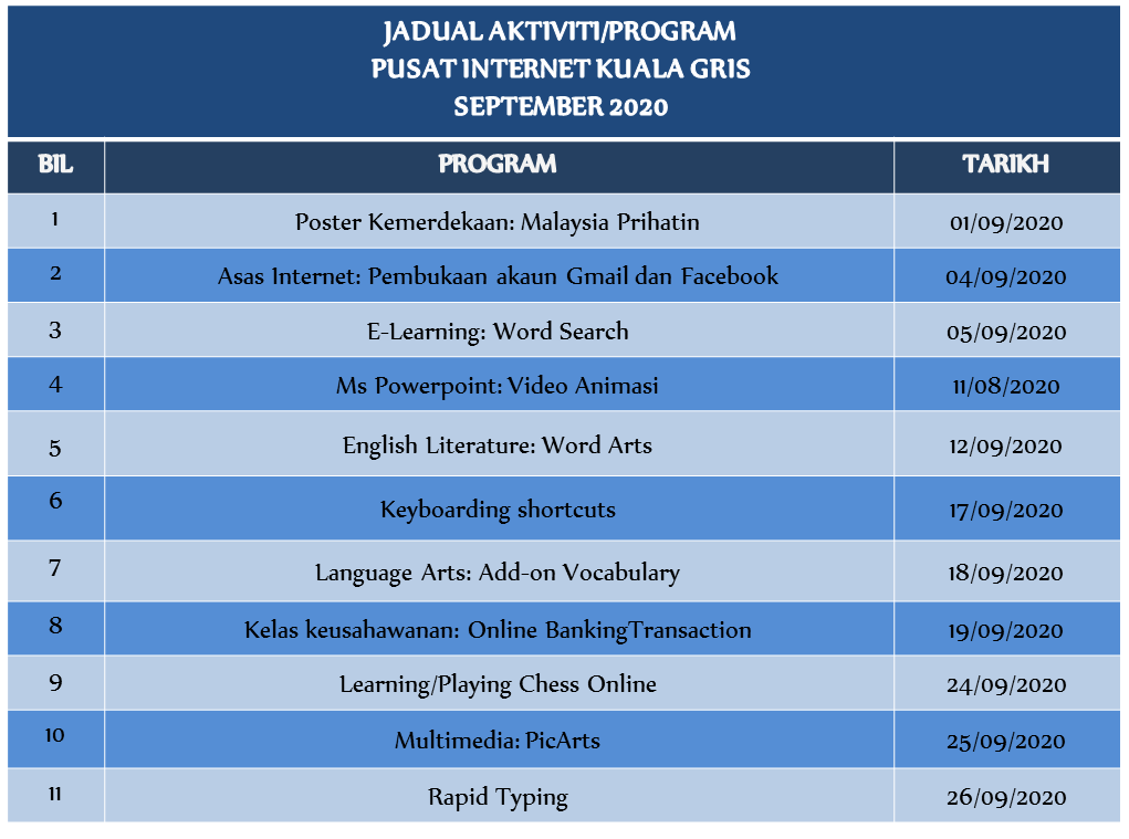 Jadual aktiviti september 2020