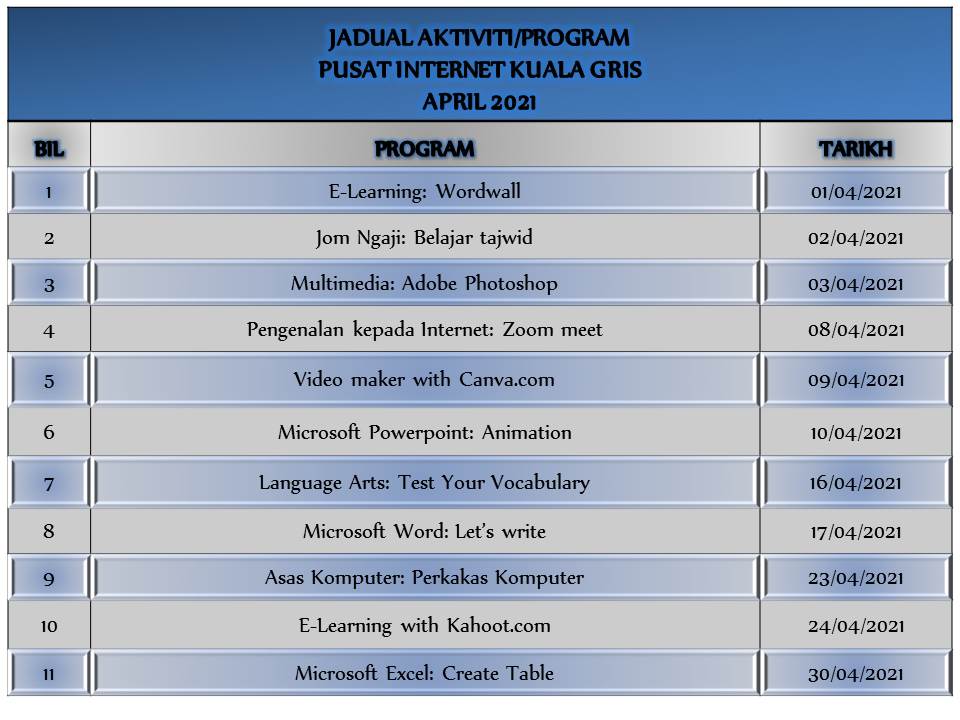 jadual aktiviti April 2021