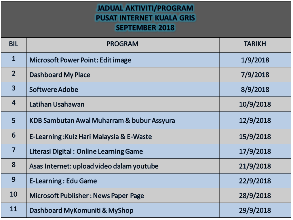 jadual aktiviti bulan 9 2018