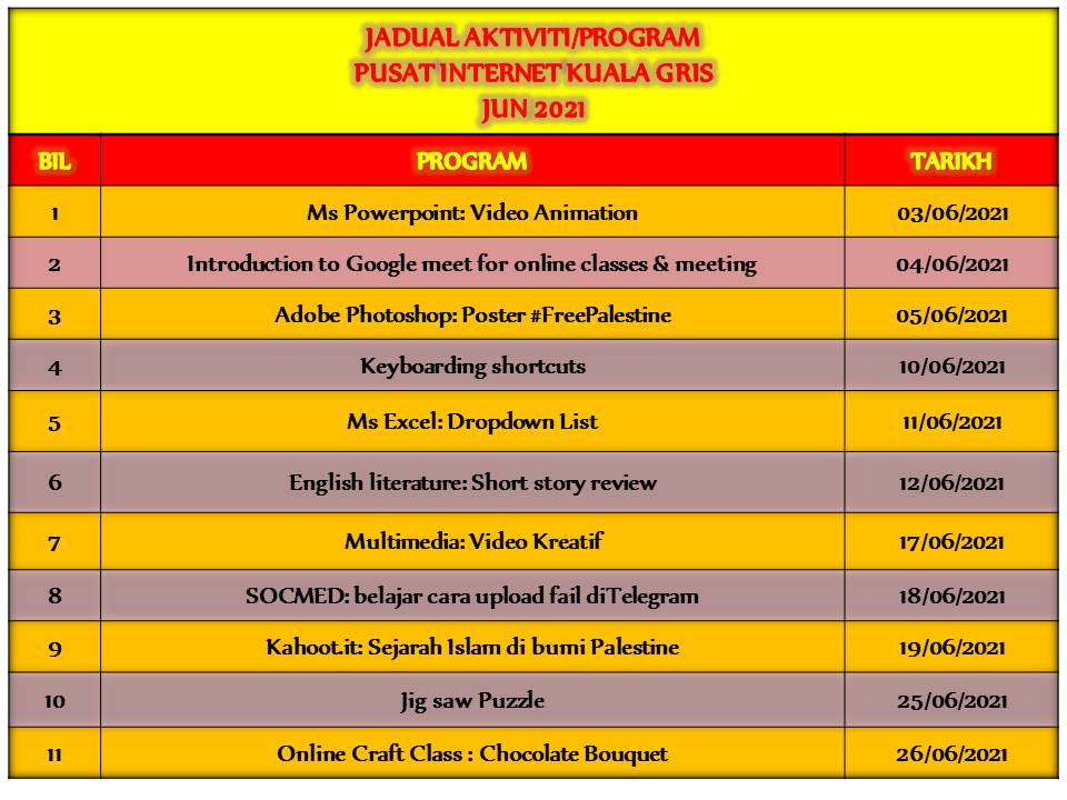 jadual aktiviti bulan Jun 2021 