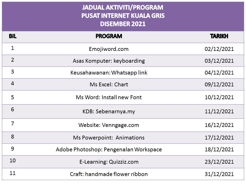 jadual aktiviti bulan disember 2021