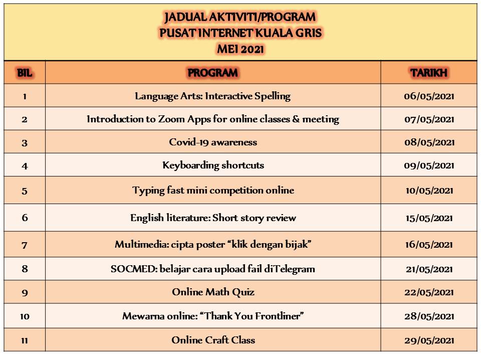 jadual aktiviti bulan mei 2021 