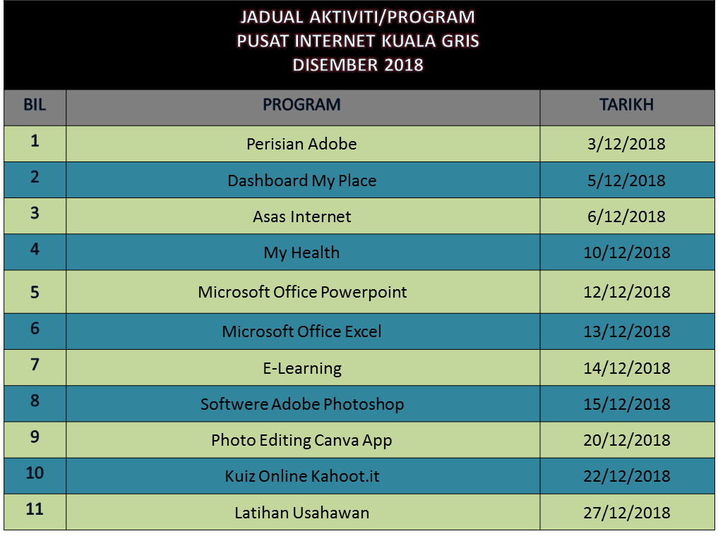 jadual aktiviti disember 2018