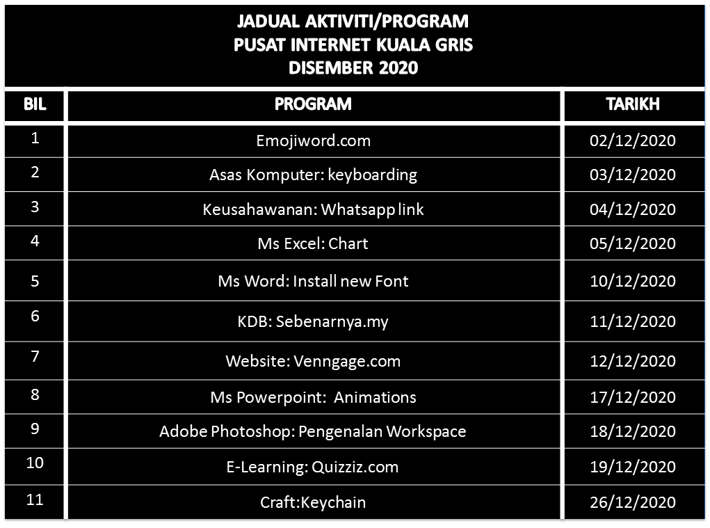 jadual aktiviti disember 2020