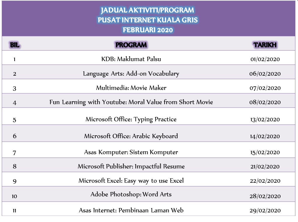 jadual aktiviti februari 2020