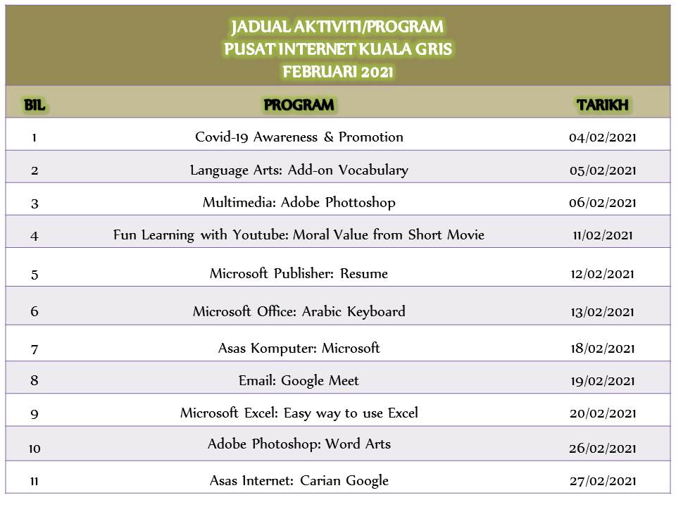 jadual aktiviti februari 2021