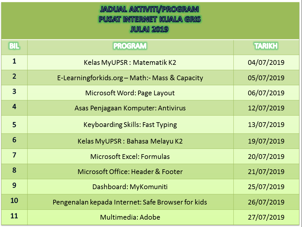 jadual aktiviti julai 2019