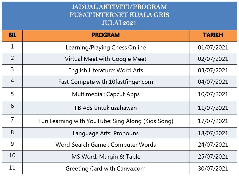 jadual aktiviti julai 2021