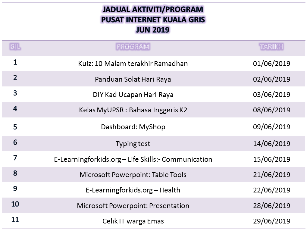 jadual aktiviti jun 2019