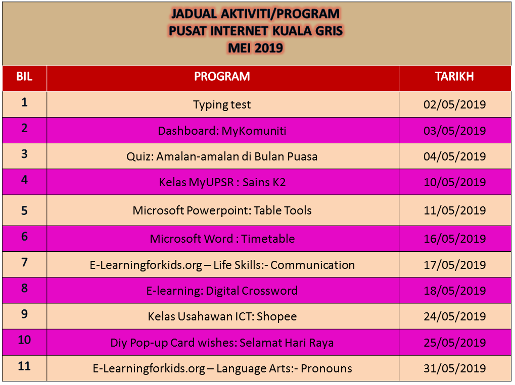 jadual aktiviti mei 2019