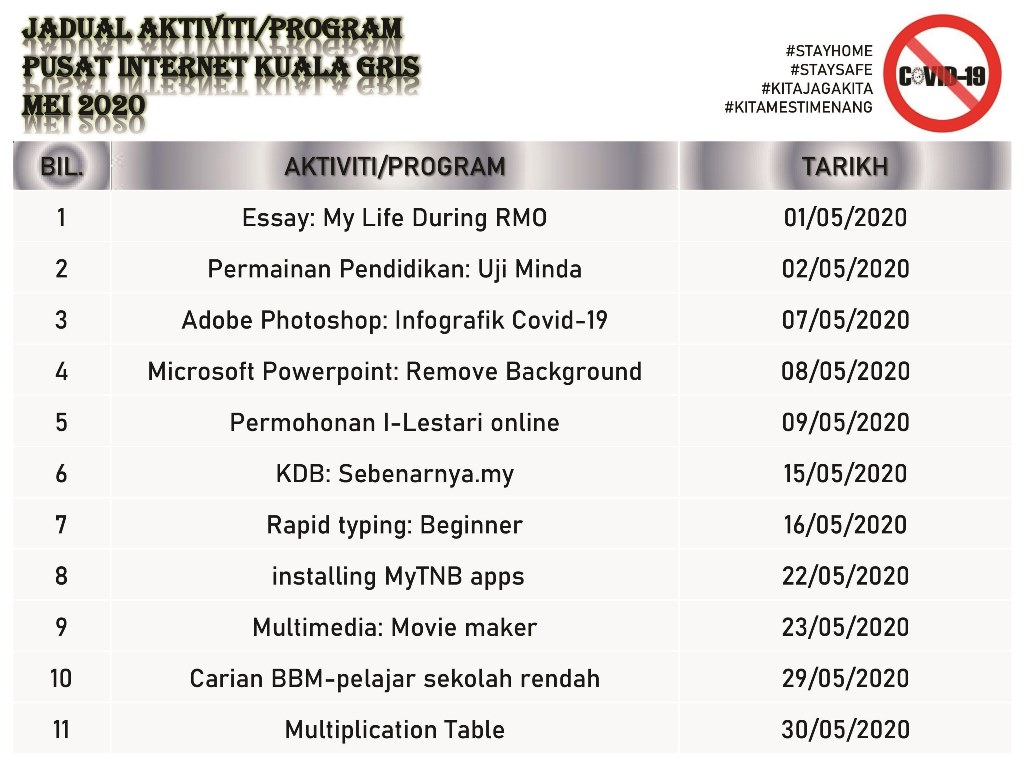 jadual aktiviti mei 2020