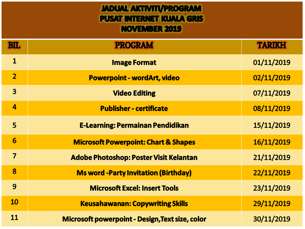 jadual aktiviti november 2019