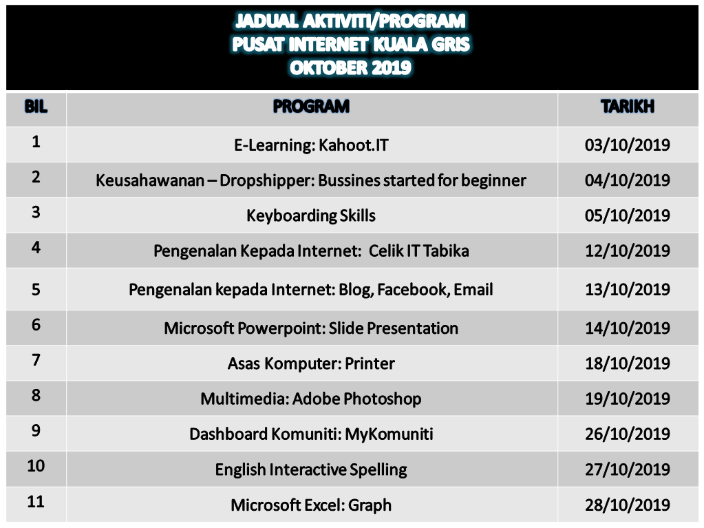 jadual aktiviti oktober 2019