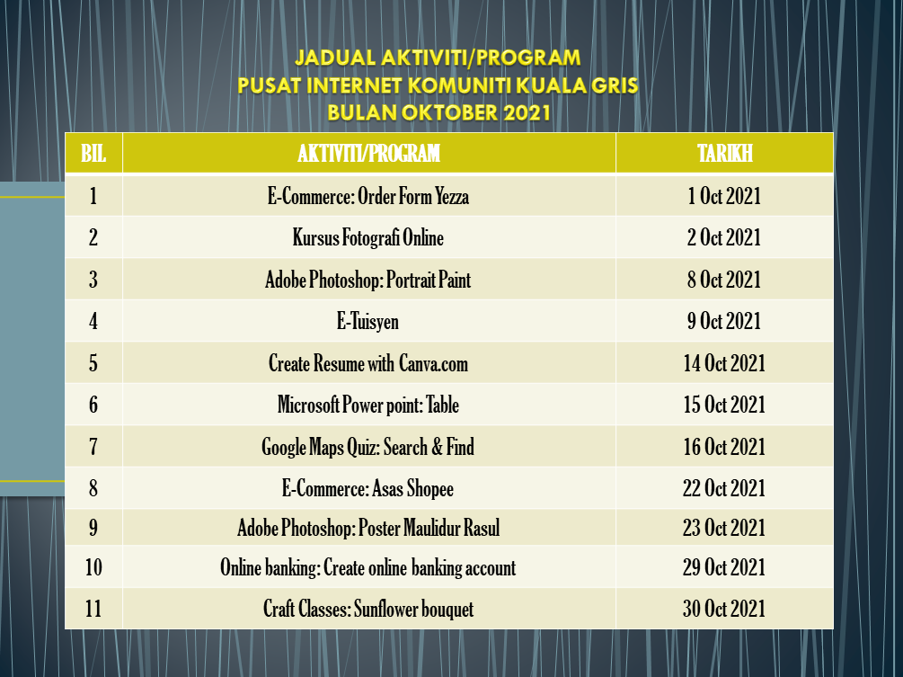 jadual aktiviti oktober 2021 PIK Kuala Gris