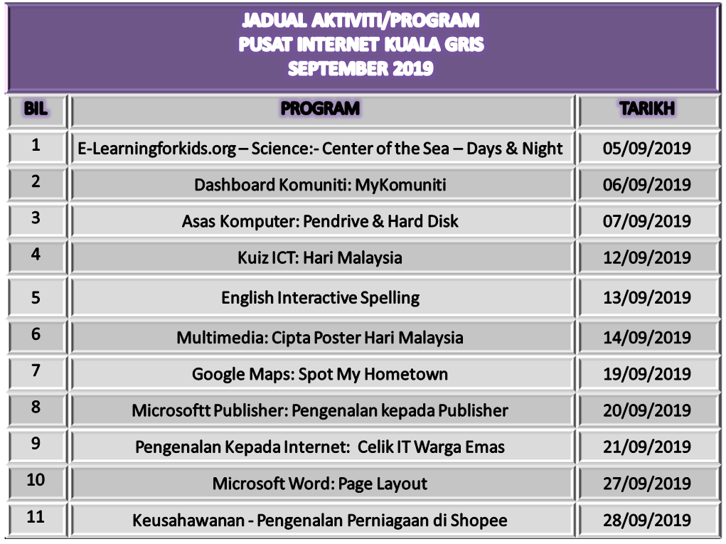 jadual aktiviti september 2019